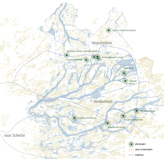 Kaart van de Kempen met dorpskernen verspreid over het Netebekken en Maasbekken