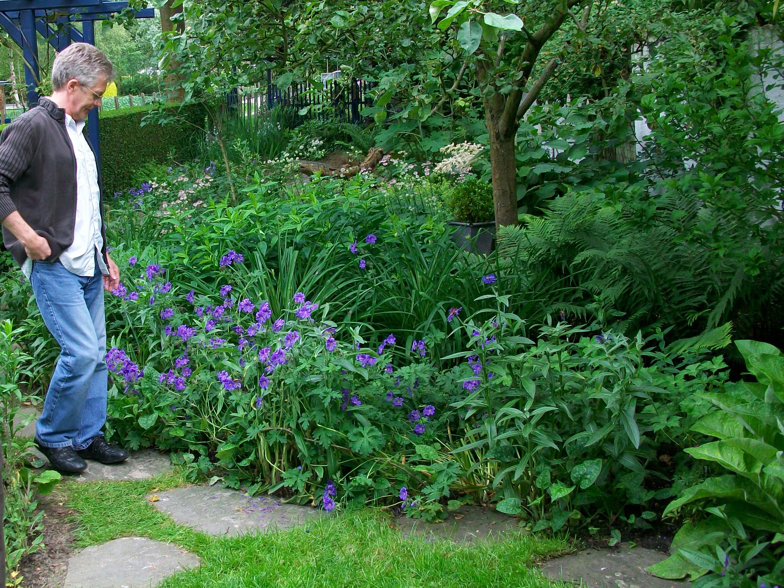 Man die naar bloemen in tuin kijkt